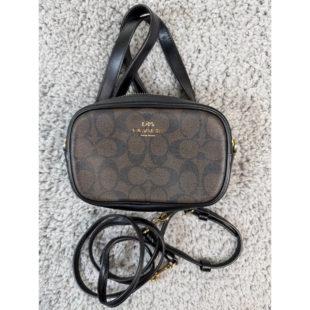 Coach Signature Canvas Camera Bag Belt Bag Crossbody Brown Black 2 Straps